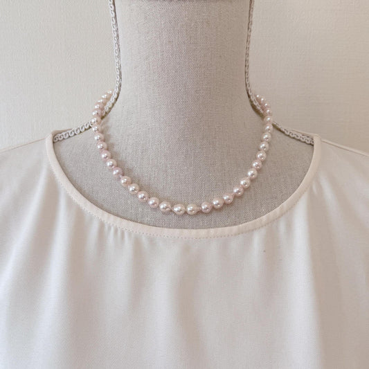 Japanese Akoya Pearl Baroque Necklace, White Pink Overtone (7-7.5mm, Silver Clasp, 44cm Length)