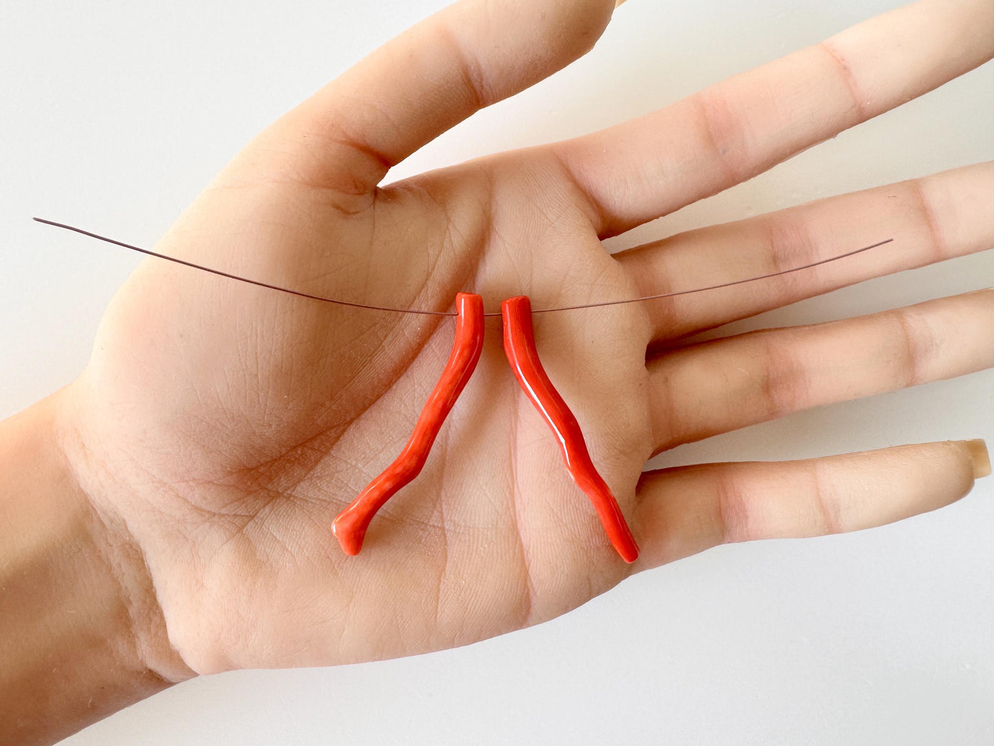 Momo Coral Branches Natural Japanese, Set of 2 Orange Vermilion (44-45mm, Side Full-Hole, Genuine Coral)