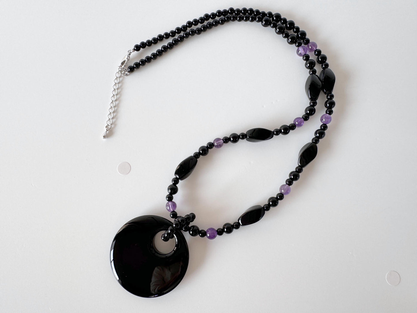 Onyx, Amethyst Necklace with Pendant, Brass Hook & Adjuster