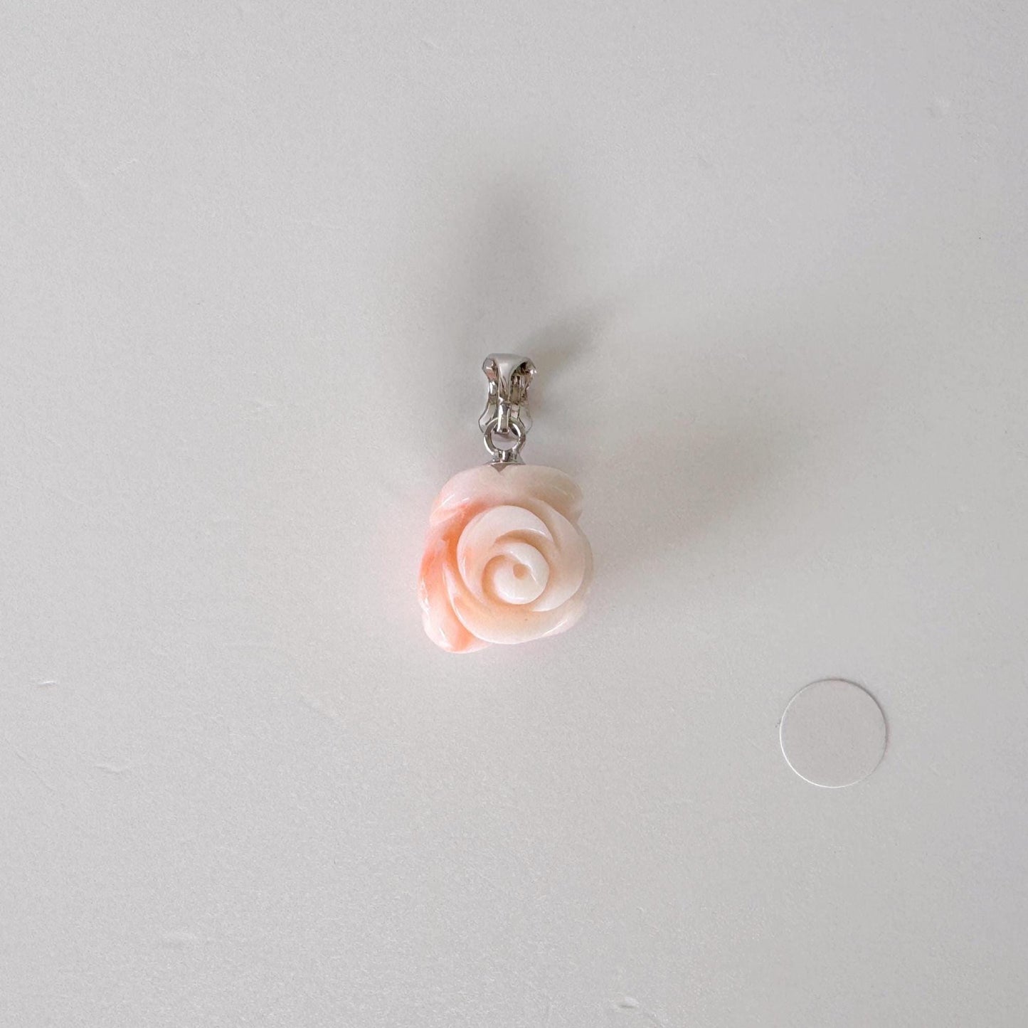 Natural Coral Rose Pendant Carved Jewelry, Deep Sea Coral, Pink White (13.6x12.3mm, Silver Bail, Genuine Coral Amulet)