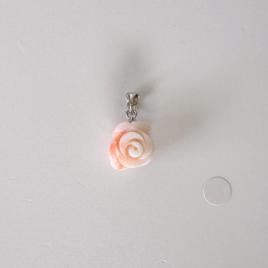 Natural Coral Rose Pendant Carved Jewelry, Deep Sea Coral, Pink White (13.6x12.3mm, Silver Bail, Genuine Coral Amulet)