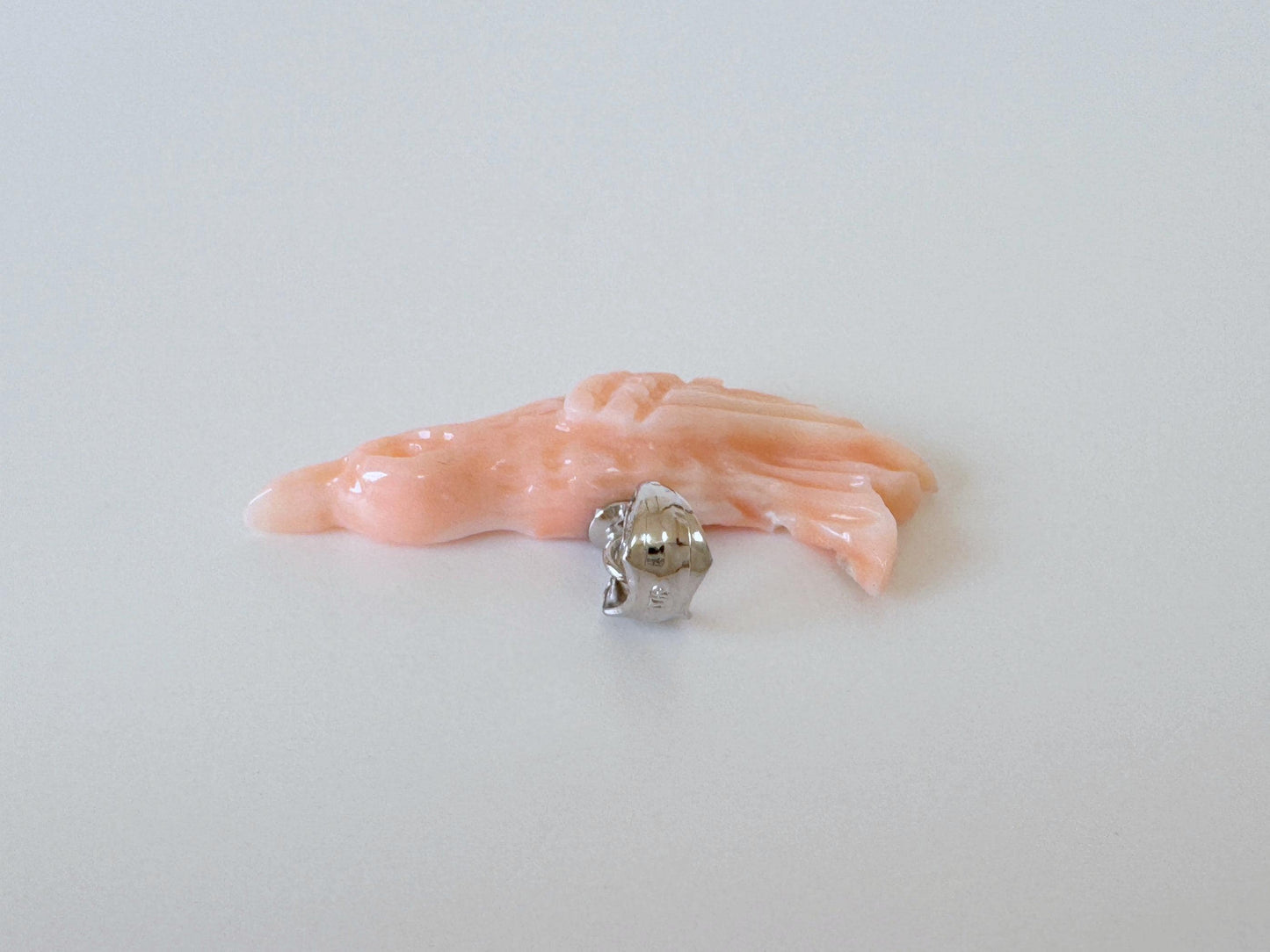 Carved Coral Bird Pendant Natural Jewelry, Pink Deep Sea Coral (34x9.2mm, Rhodium Silver Bail, Hand Carved)