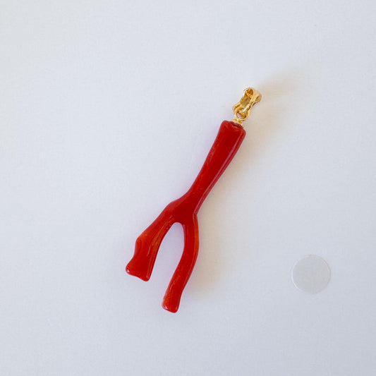 Natural Red Coral Branch Pendant: Japanese Aka Coral, Gold Plated Silver Bail, 40mm
