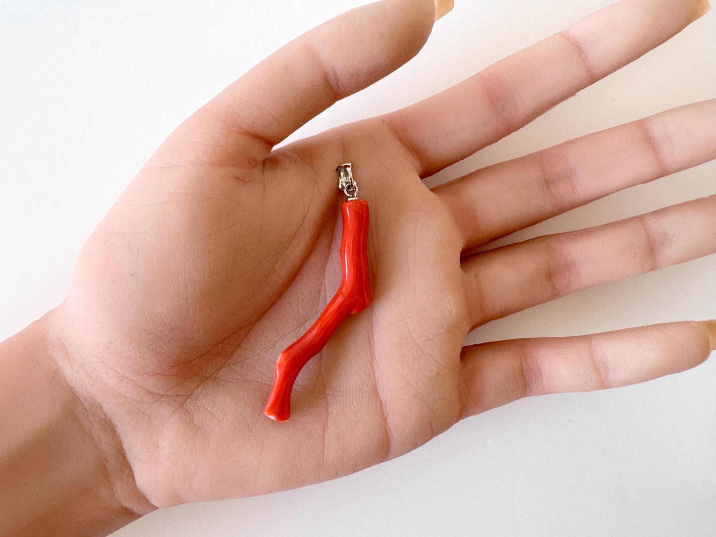 Momo Coral Branch Pendant: Japanese Vermilion Orange Coral - Silver Rhodium-Plated Bail, 50mm Length, Sea Inspired Jewelry Gift