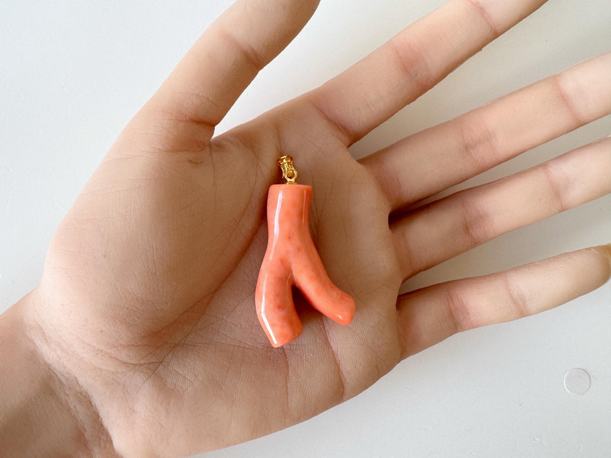 Coral Branch Pendant Jewelry: Deep Sea Pink-Orange Natural Coral, Gold-Plated Silver Bail (38mm)