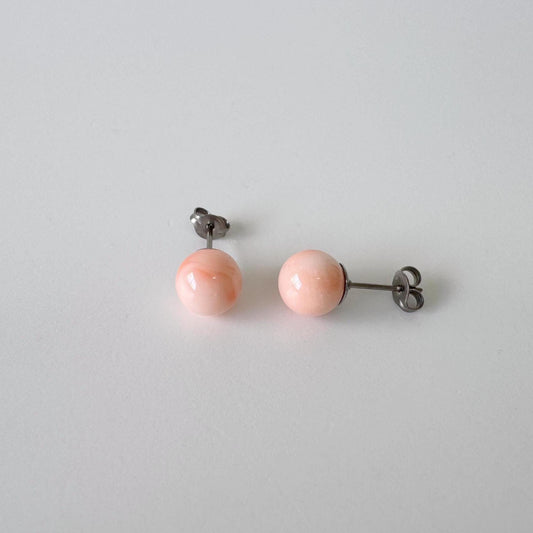 Deep Sea Coral Stud Earrings - Natural Pink Orange Round Shape - Titanium Post Backing, Genuine Coral, 7.5mm