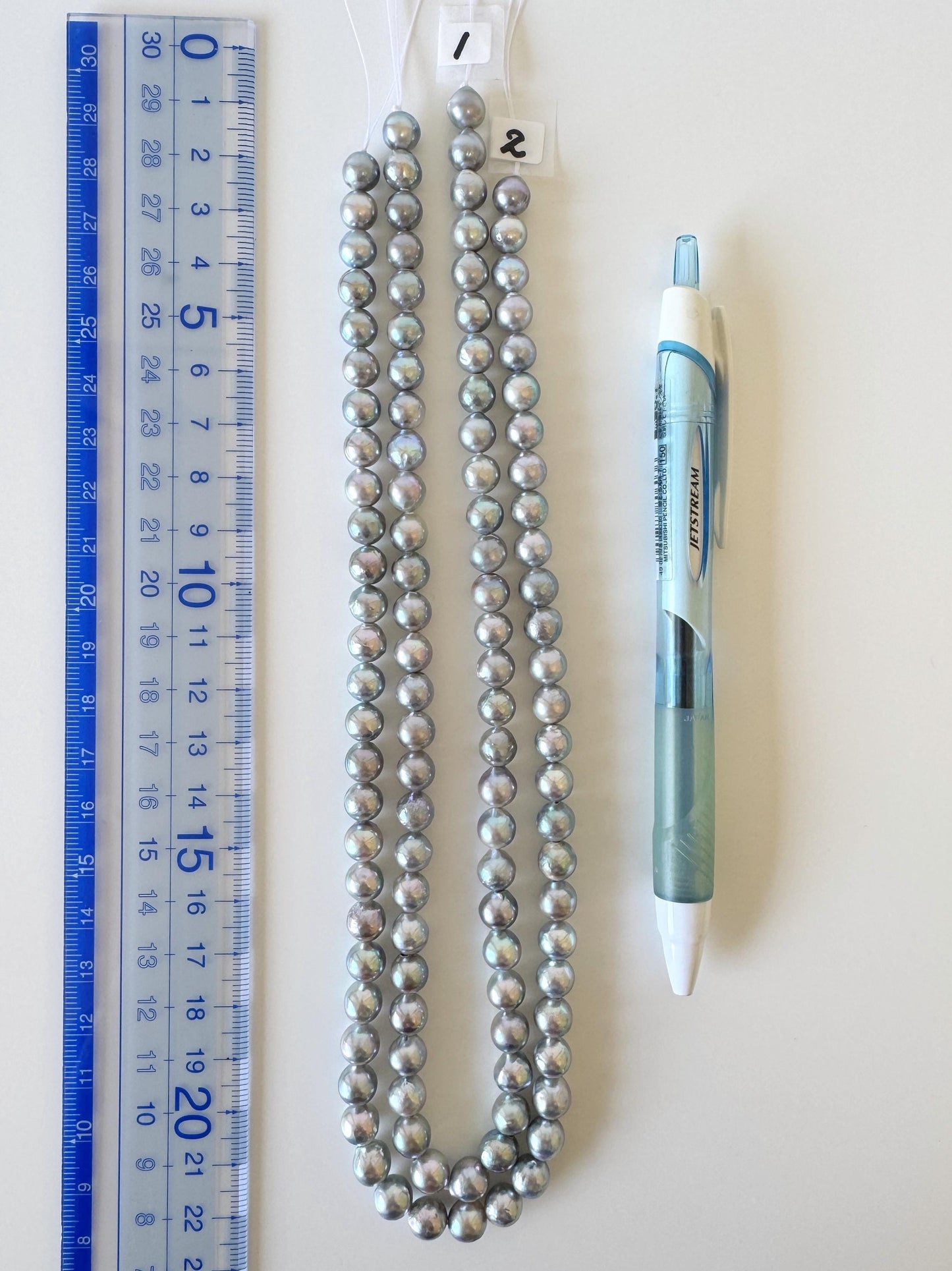 Japanese Akoya Pearl Strand - Cultured Semi-Round Beads - Natural Blue Silver Color, 7-7.5mm Size, Full 40cm Length