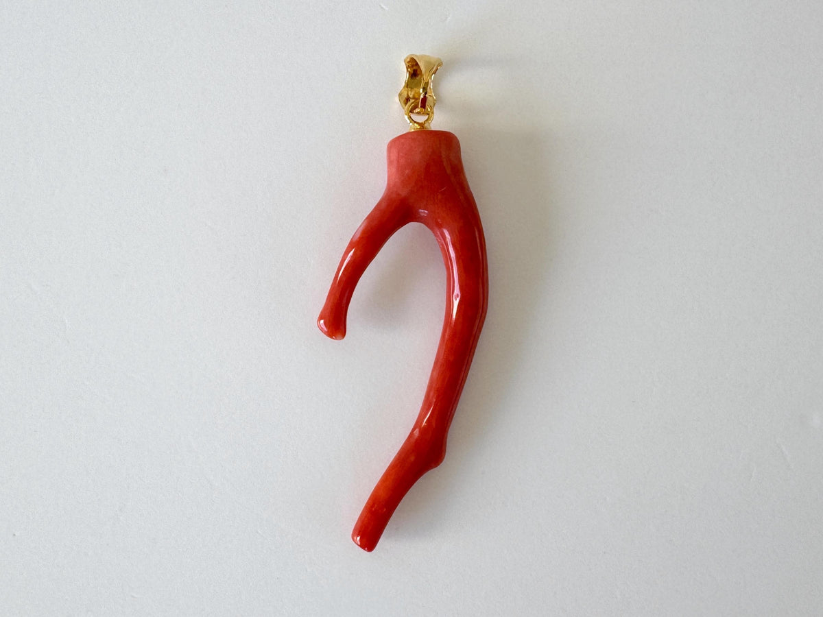 Momo Coral Branch Pendant Natural Jewelry: Vermilion Orange Japanese Coral (42mm, Silver Gold-Plated Bail, Lightweight)