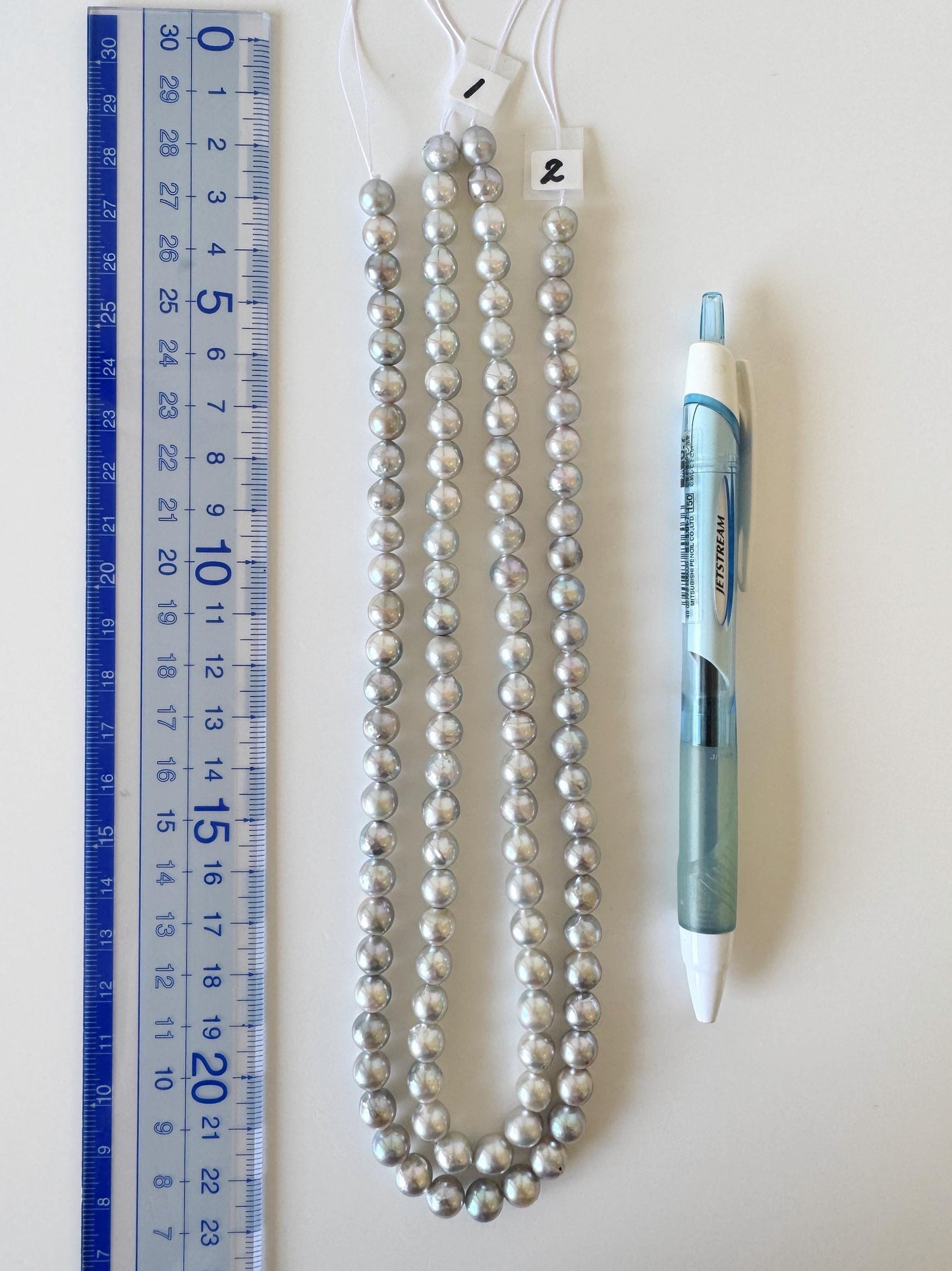 Japanese Akoya Pearl Strand - Natural Blue Silver Cultured Beads - Semi-Round Shape, 7-7.5mm Size, Saltwater Pearls, 40cm Length