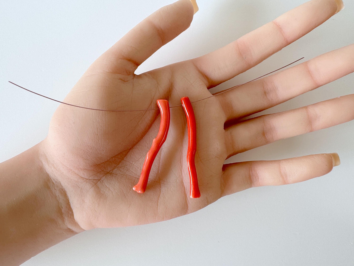 Natural Japanese Momo Coral branches, Set of 2pcs, Natural Orange Color, Side Full-Hole, Genuine Precious Coral, for Jewelry Making