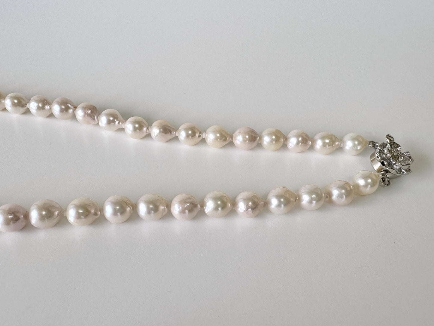 Japanese Akoya Pearl - Baroque Necklace - White Pink Overtone, 7-7.5mm Cultured Pearls, Silver Clasp, 45cm