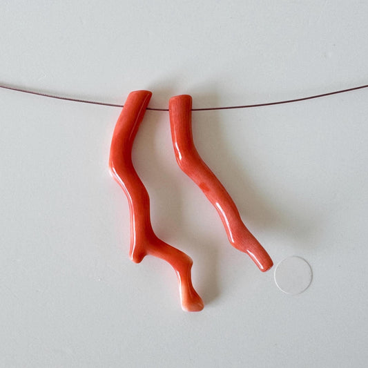Momo Coral Branches Natural Japanese: Orange Color Set of 2, Side Full-Hole (39-47mm Length, Genuine Precious Coral)