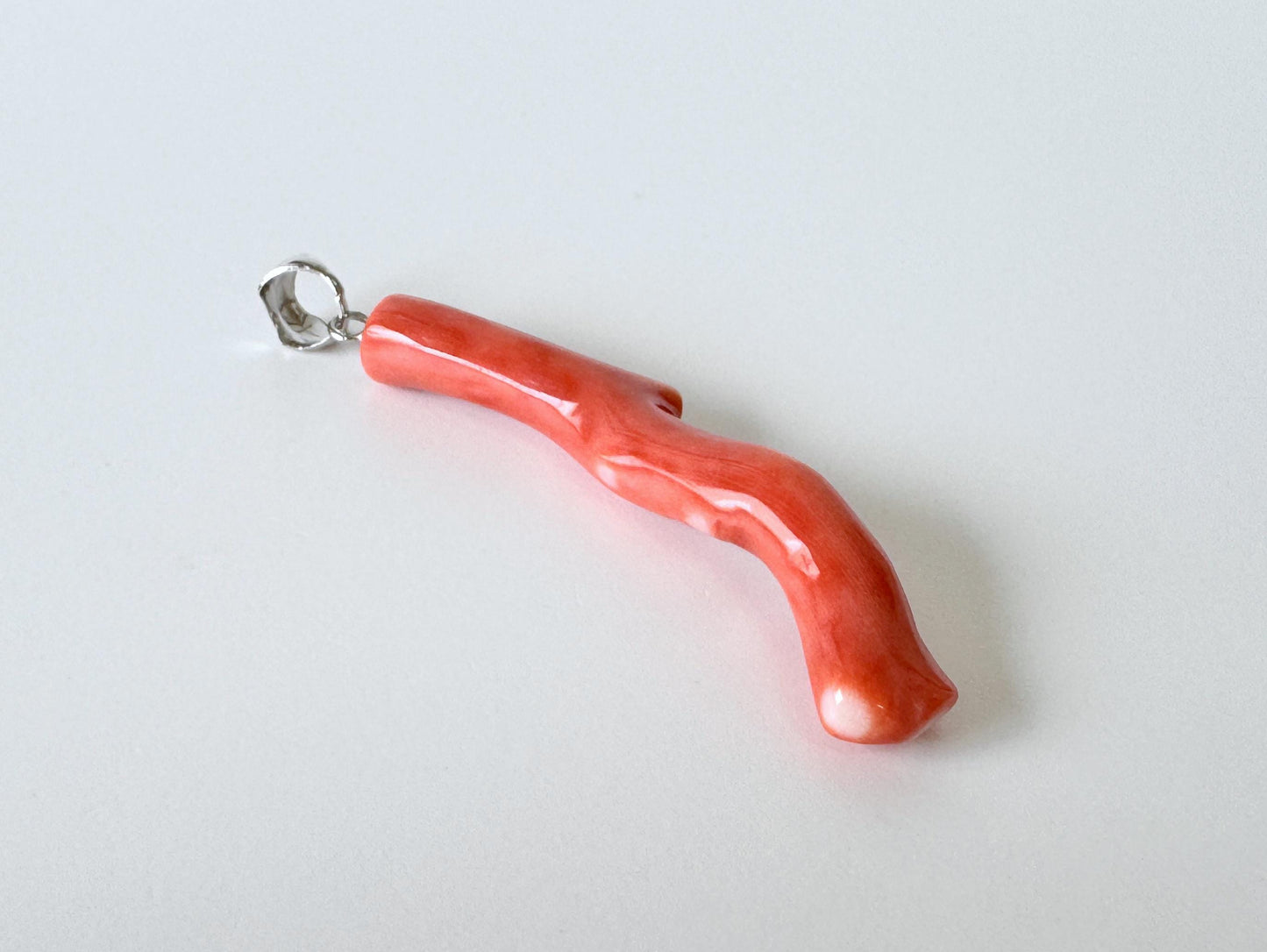 Momo Coral Branch Pendant Natural Jewelry, Japanese Orange Coral (45mm Length, Rhodium Silver Bail, Unique Gift)