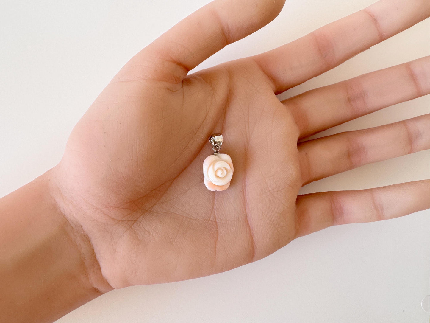 Genuine Coral Rose Pendant: Pink and White Carved Deep Sea Coral Jewelry (Silver Bail, 13.9x11.7mm, Amulet)