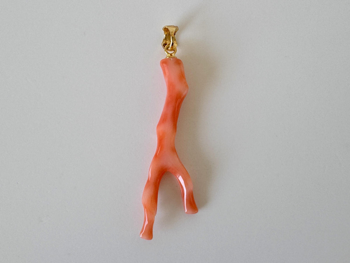 Coral Branch Pendant: Natural Pink Orange Deep Sea Coral, Gold-Plated Silver Bail | 45mm, Unique Jewelry