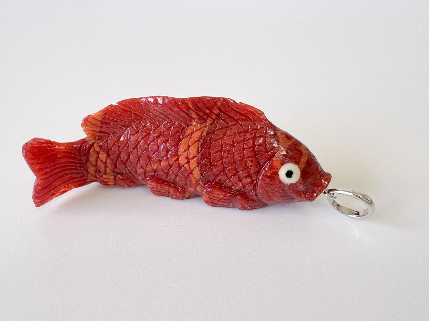 Natural Sponge Coral Carp Carving Pendant, 45mm, Apple Coral Fish Carving, Silver Bail (Rhodium plated)