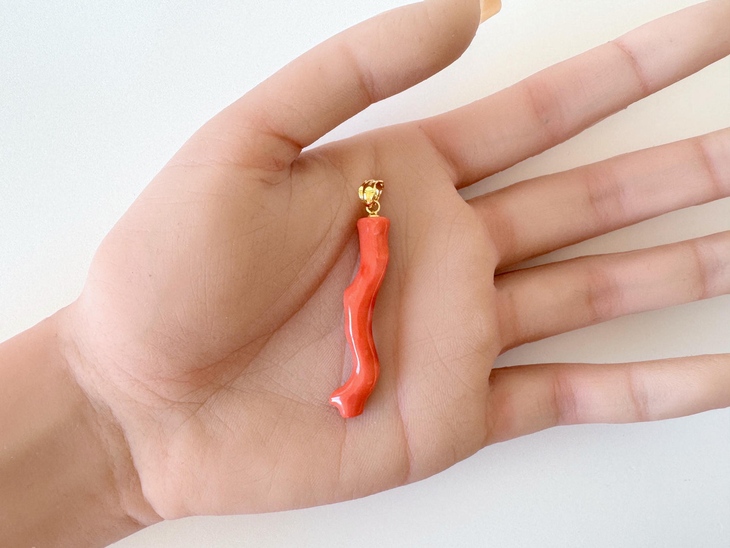 Momo Coral Branch Pendant: Japanese Orange Coral, Natural Texture - Silver Gold-Plated Bail, 42mm, Genuine Jewelry Accessory