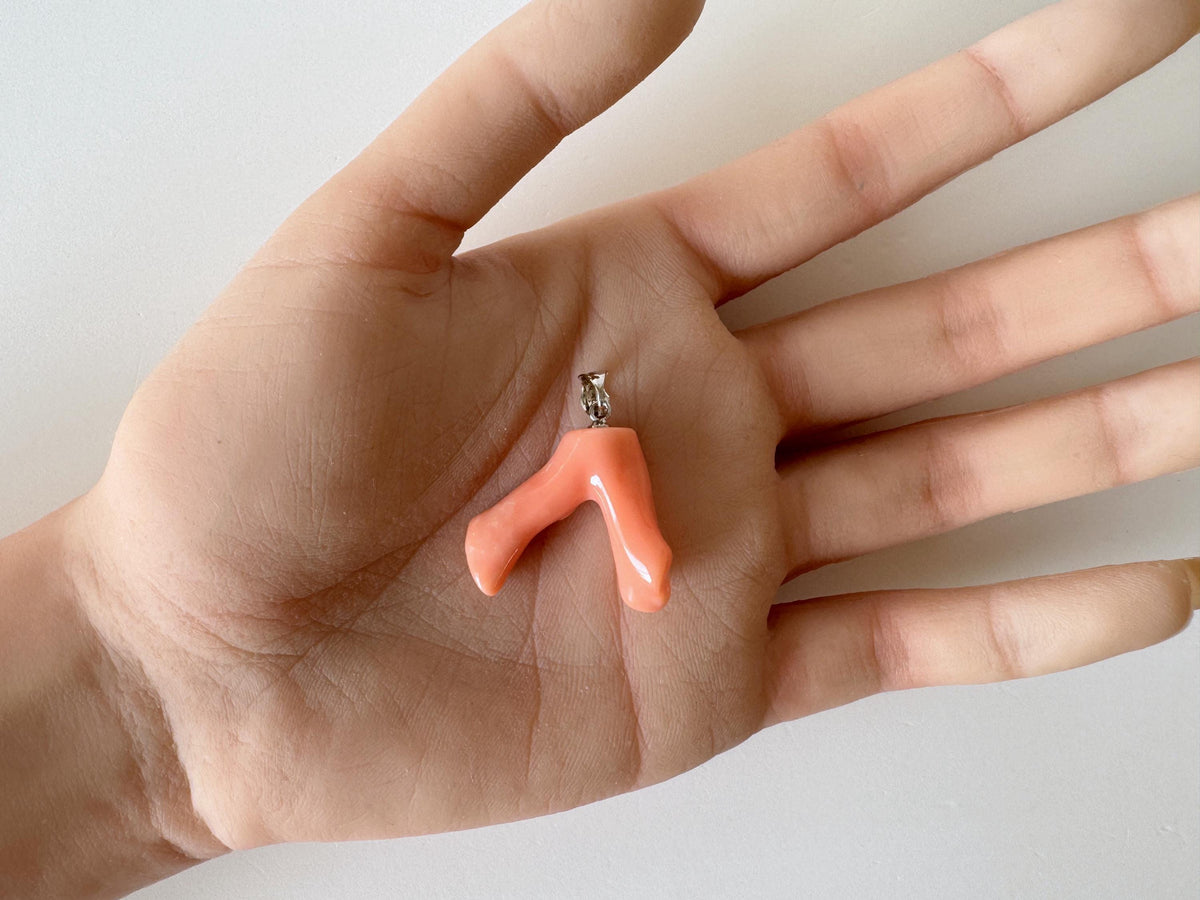 Coral Branch Pendant: Natural Orange Pink Deep Sea Coral, Silver Rhodium-Plated Bail | 22mm, Jewelry Accessory