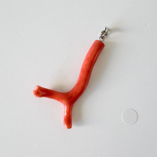 Momo Coral Branch Pendant Natural, Japanese Orange Coral (44mm Length, Rhodium-Plated Silver Bail, Deep Sea Origin)