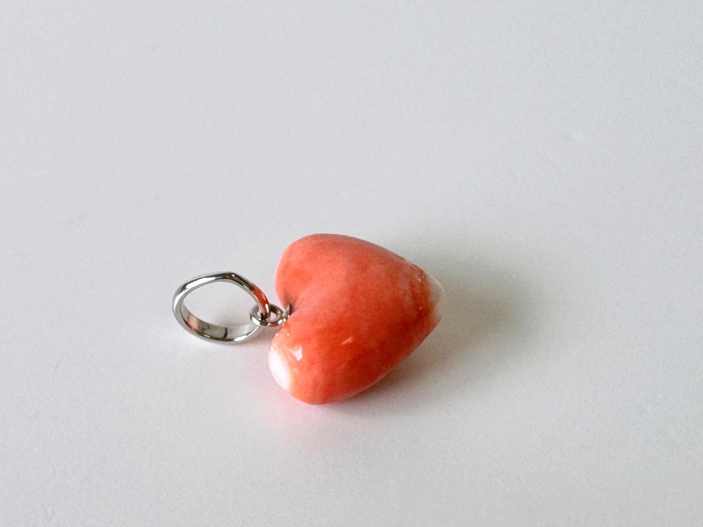 Orange Momo Coral Pendant - Natural Heart Shaped Coral Jewelry - Silver Bail (Rhodium-Plated), Genuine Material, 13.7x15.3mm