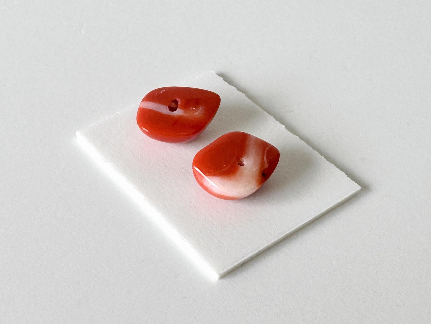 Momo Coral, Japanese Orange Cabochon | Loose 2 Pcs | Half-Drilled Back Hole, Flat-Back, 8.6-8.8mm X 7.1-8.1mm