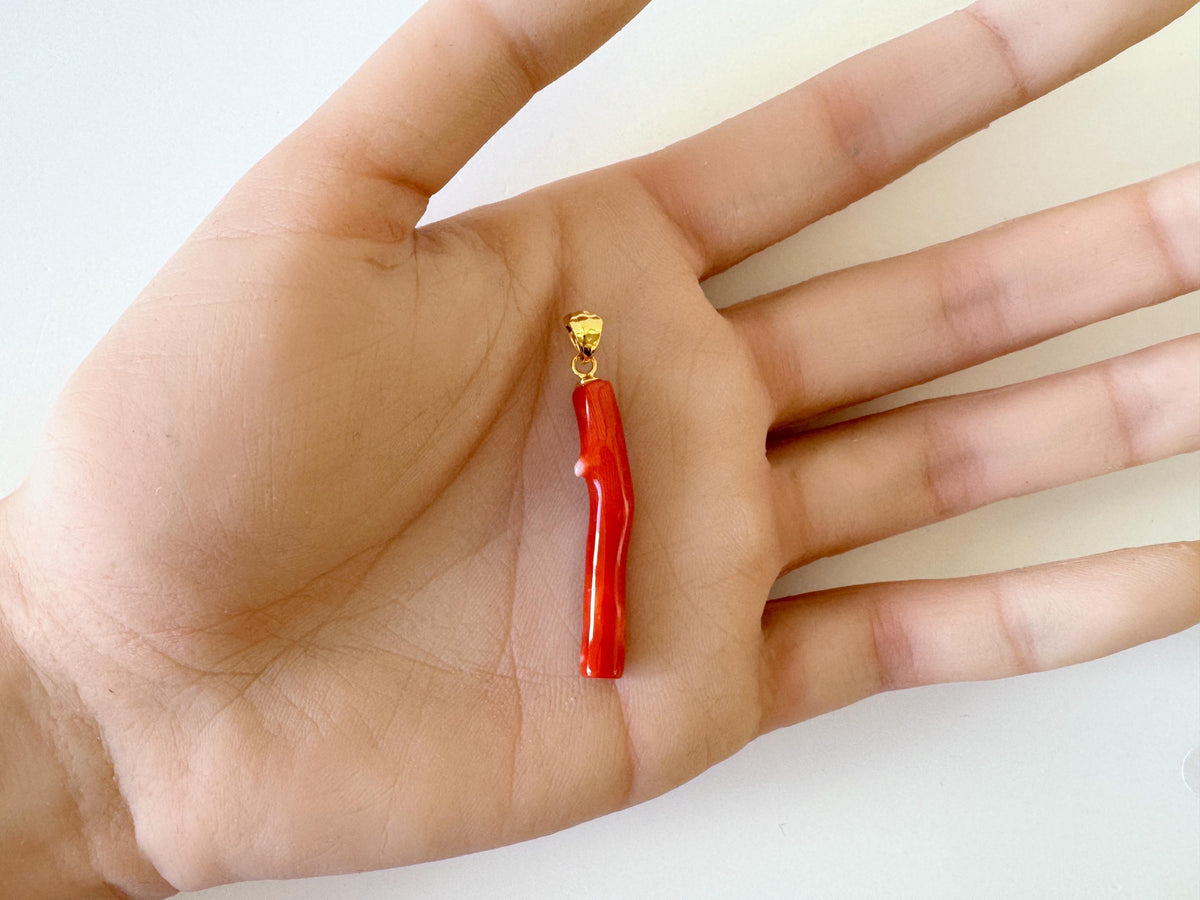 Momo Coral Branch Pendant Natural Jewelry: Vermilion Orange Coral, Gold-Plated Silver Bail (34mm, Unique Gift)