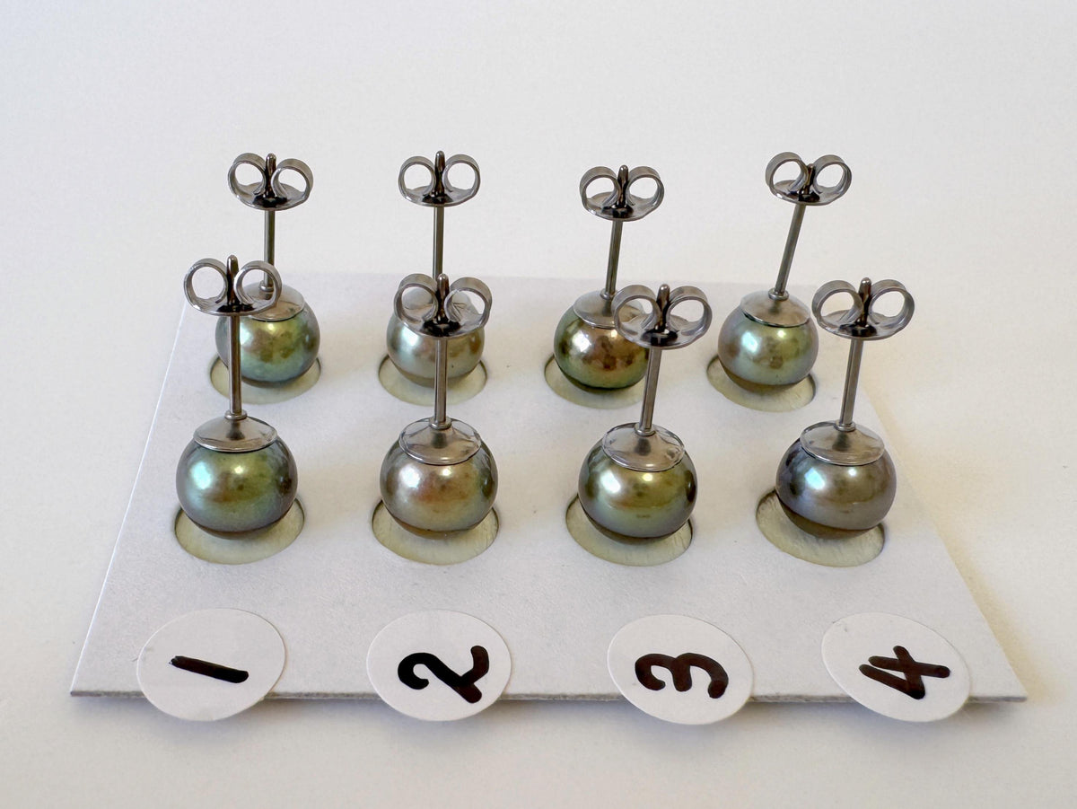 Japanese Peacock Black Akoya Pearl (Color Treated) Stud Earrings (7-7.5mm, Titanium Posts, Saltwater Cultured)