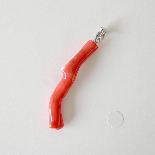 Momo Coral Branch Pendant Natural Jewelry, Japanese Orange Coral (45mm Length, Rhodium Silver Bail, Unique Gift)