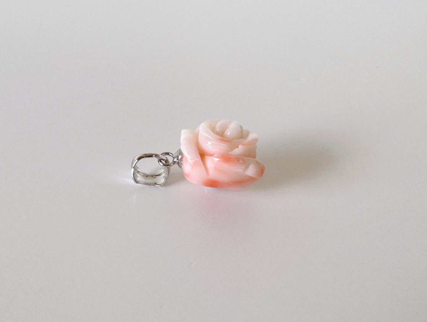 Natural Coral Rose Pendant Carved Jewelry, Deep Sea Coral, Pink White (13.6x12.3mm, Silver Bail, Genuine Coral Amulet)
