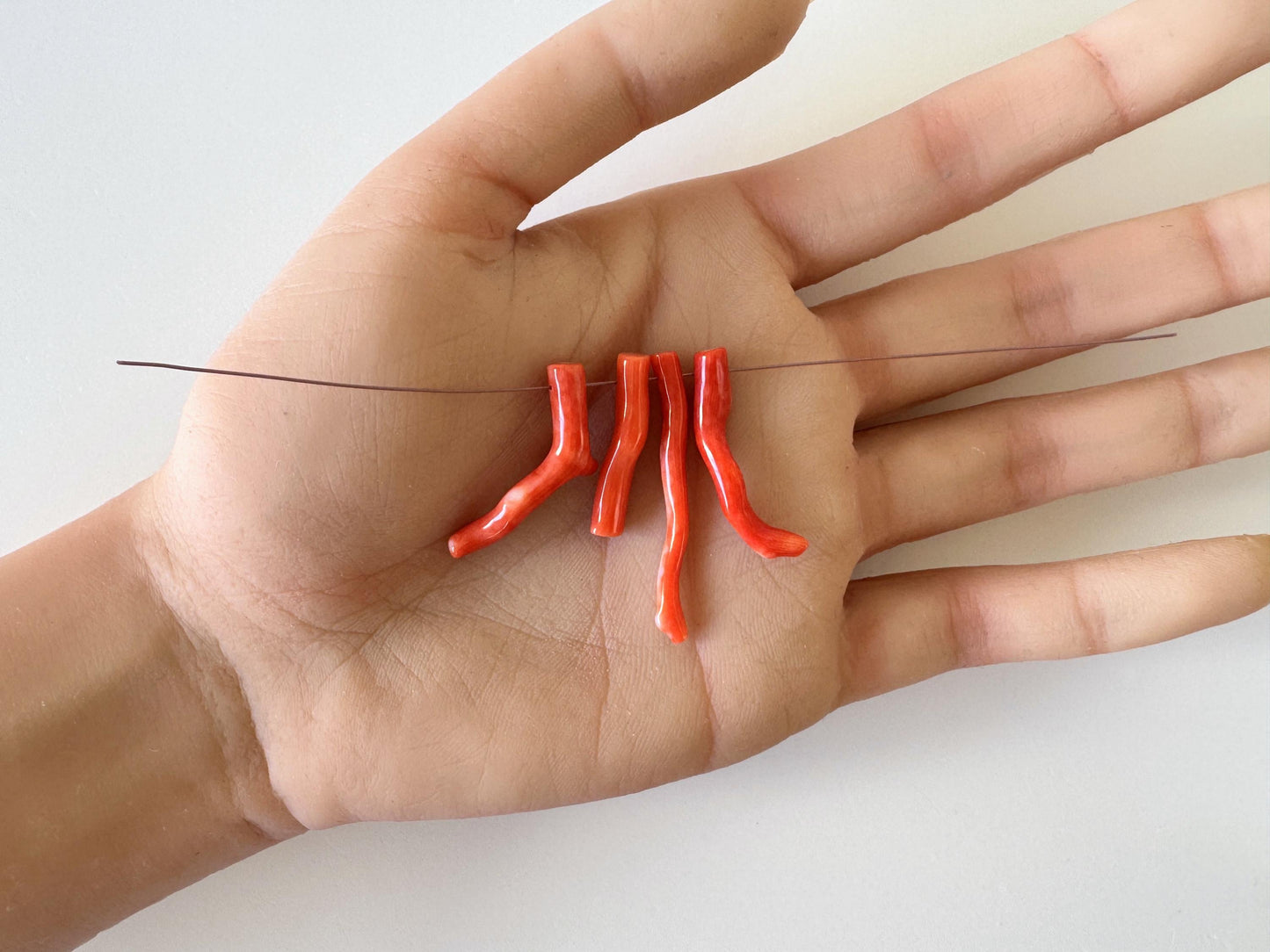 Momo Coral Branch Set: Natural Japanese Orange Coral for Jewelry Making (4pcs, Side Full-Hole, 24-36mm Length, Genuine Material)