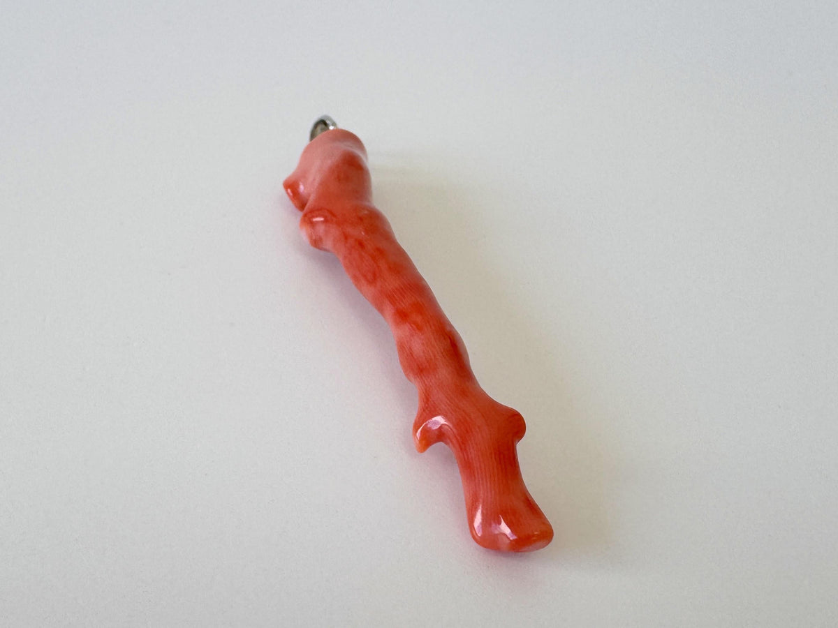 Momo Coral Branch Pendant: Natural Vermilion Orange Coral Jewelry (55mm Length, Rhodium-Plated Silver Bail, Japanese Coral)