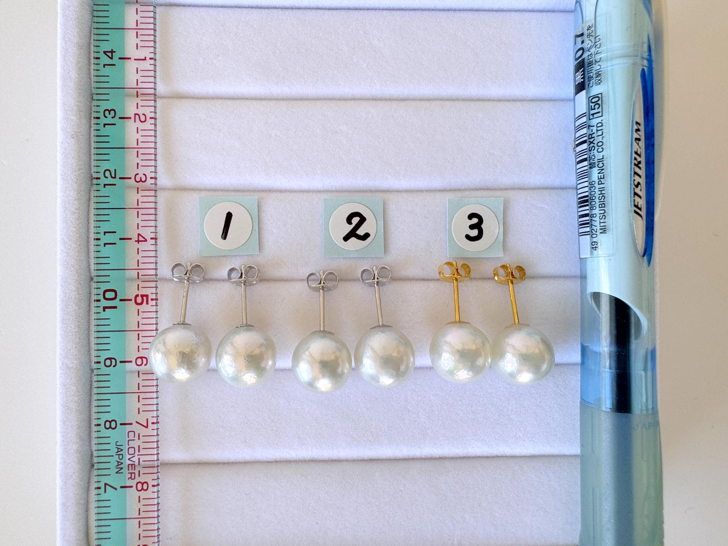 Akoya Pearl Stud Earrings: Japanese Natural Light Blue Pearls, Silver 925 (9.5mm Semi-Round, Saltwater Cultured)