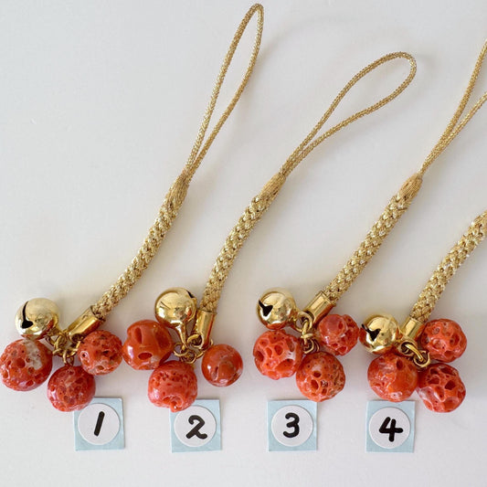 Lucky charm, Natural Aka (red) coral key strap, Netsuke strap, Natural color precious coral