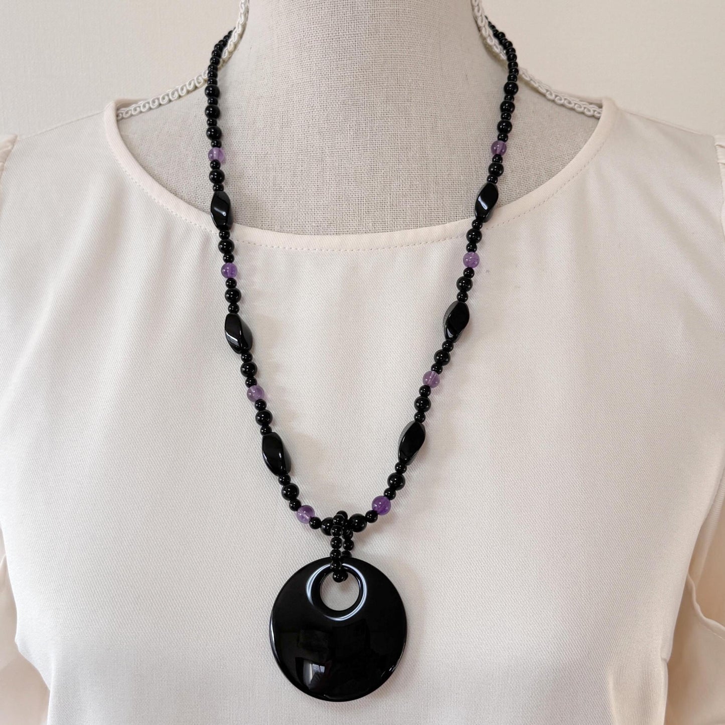 Onyx, Amethyst Necklace with Pendant, Brass Hook & Adjuster