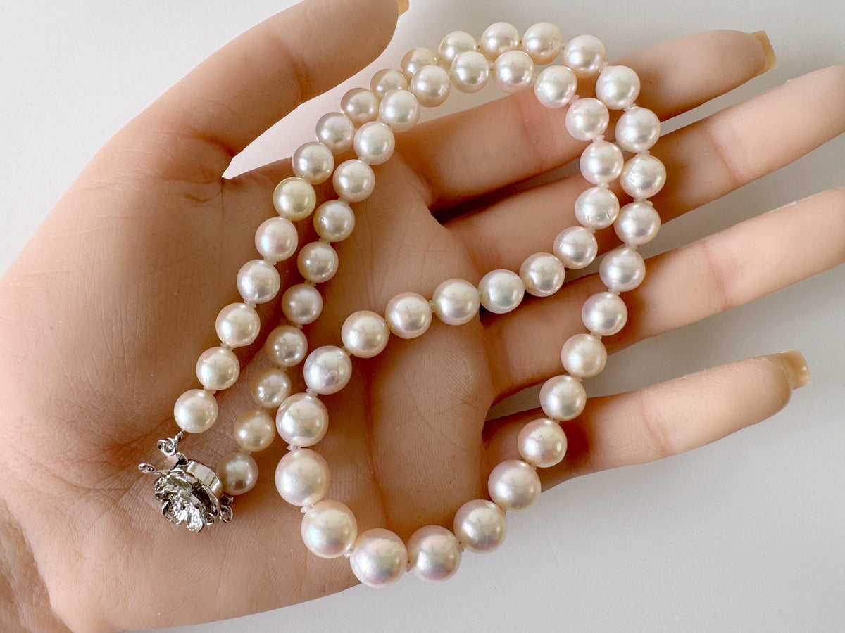 Japanese Akoya Pearl Necklace: White/Slightly Pink 6.9-9.3mm Cultured Strand, Silver Clasp | Saltwater Gems, 47cm Length