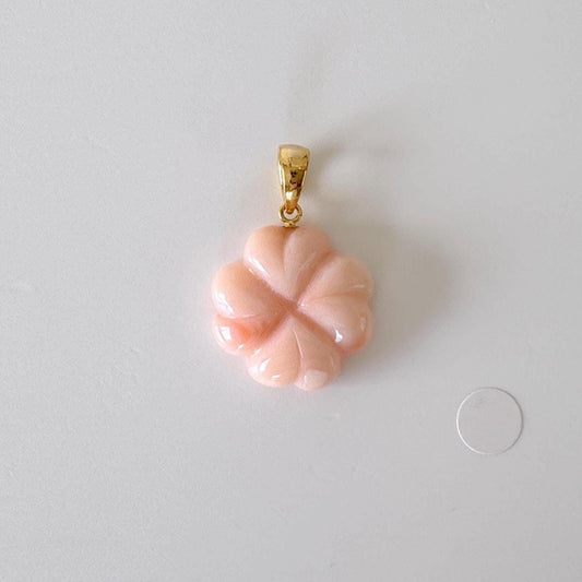 Natural Deep Sea Coral Four Leaf Clover Pendant, 19.2x19.5mm, Natural Pink/Orange color coral, Genuine coral, Brass (Gold-plated) bail