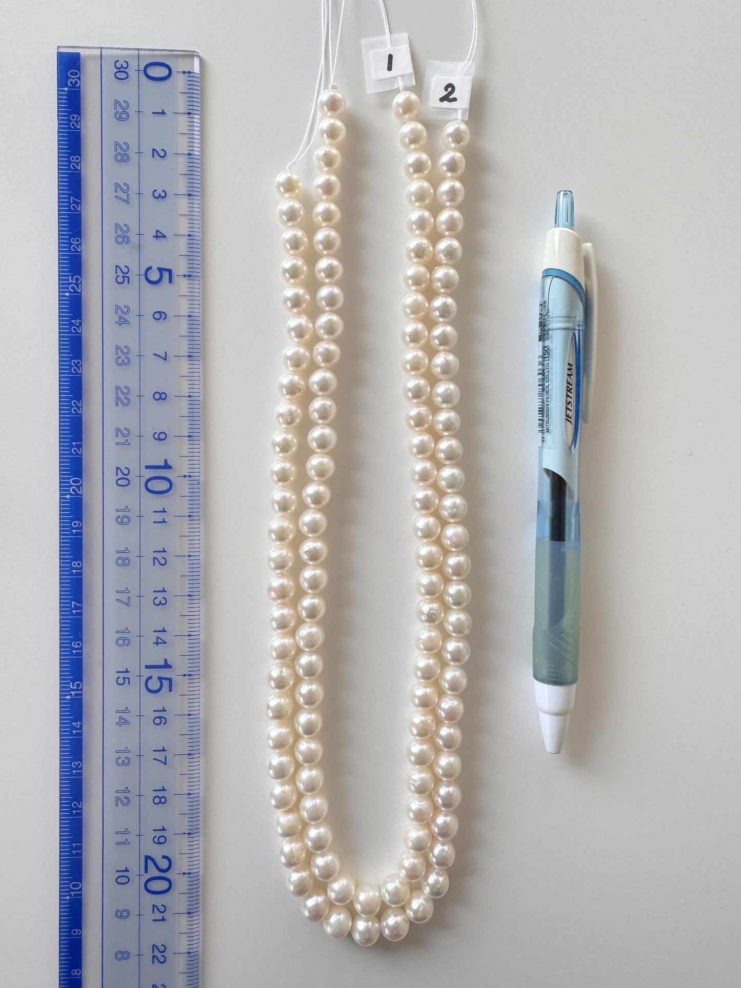 Akoya Pearl Strand - Cultured Saltwater Beads - Japanese White Pearls, 6.8-7.4mm, Full 40cm Length
