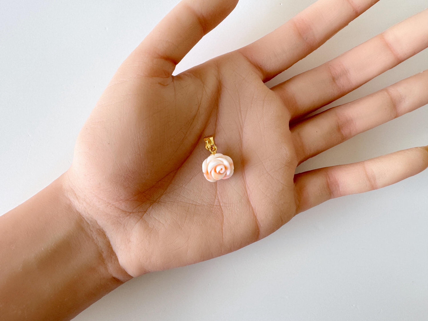 Deep Sea Coral Rose carved Pendant, 11x12.7mm, Natural Pink/White Color Coral, Silver (gold plated) bail, Genuine Coral Pendant
