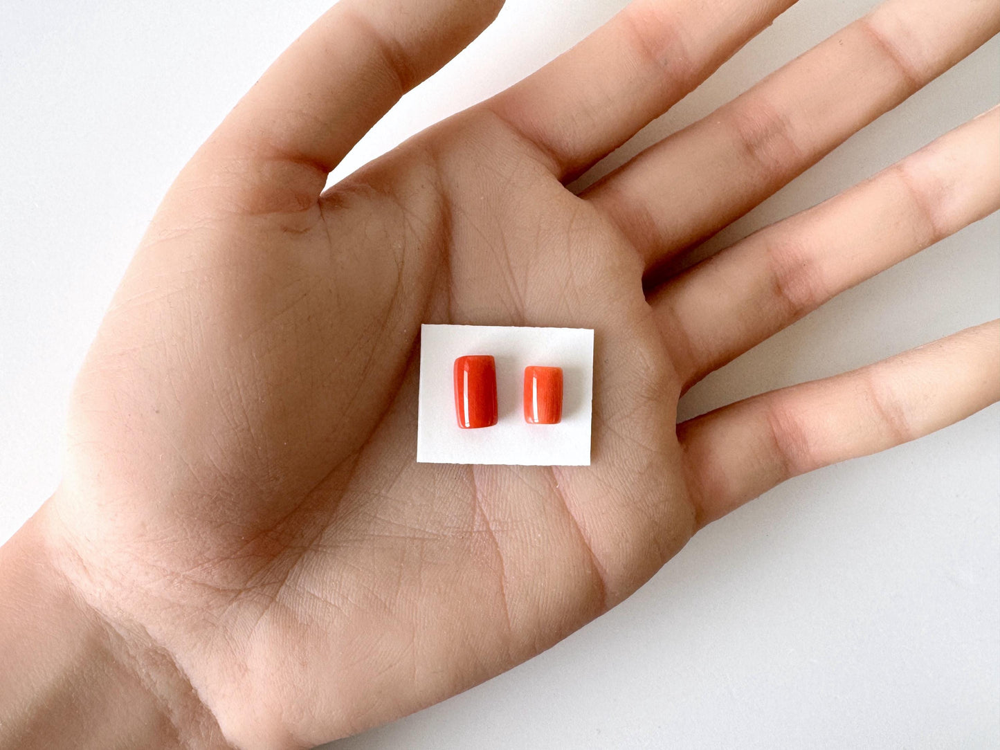 Momo Coral D-Shaped Cabochons | Japanese Orange Gemstone | Half-Drilled 2 Pcs, 10.3X6mm & 8.3X5.6mm