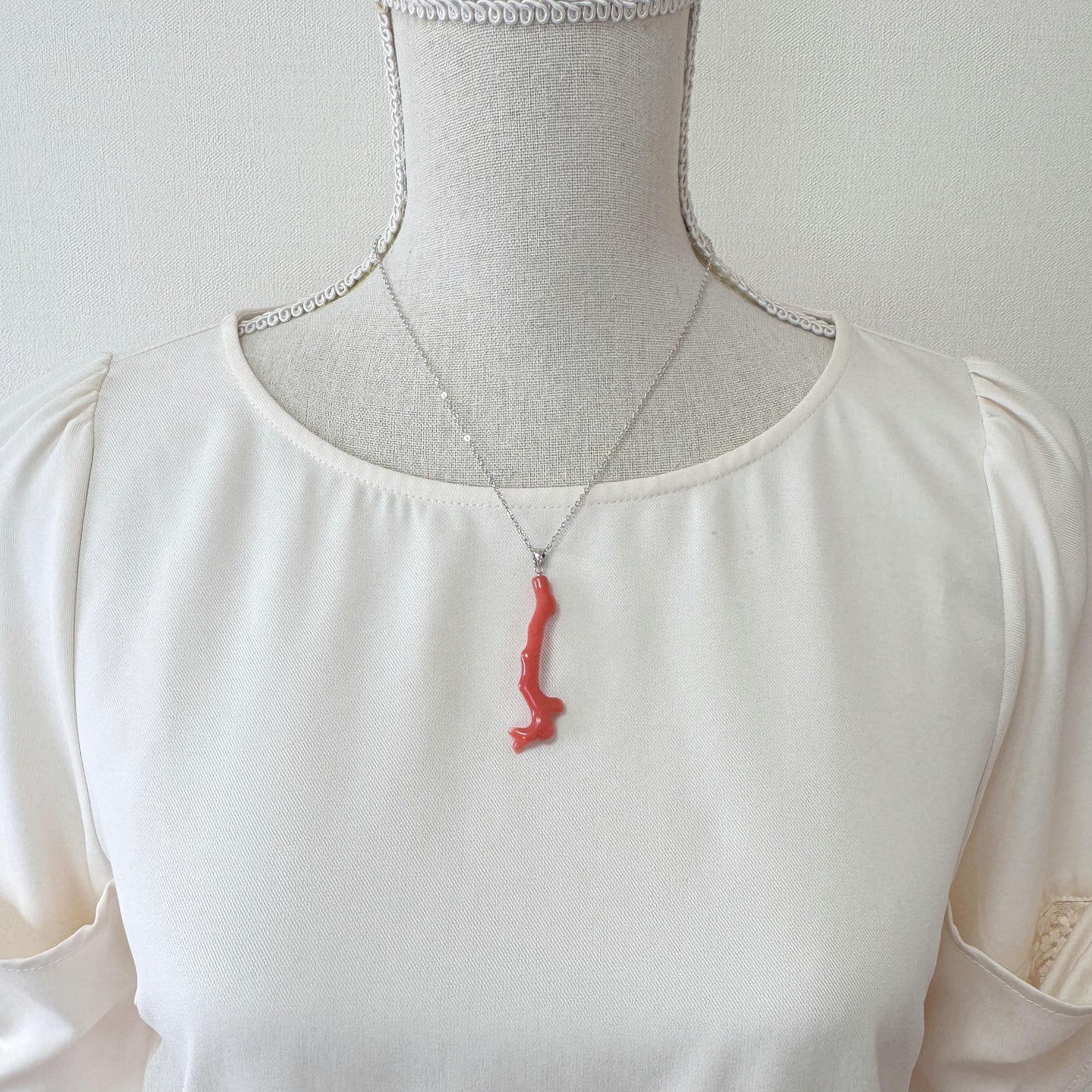 Natural Momo Coral Branch Pendant: Rhodium-Plated Silver Bail, 54mm