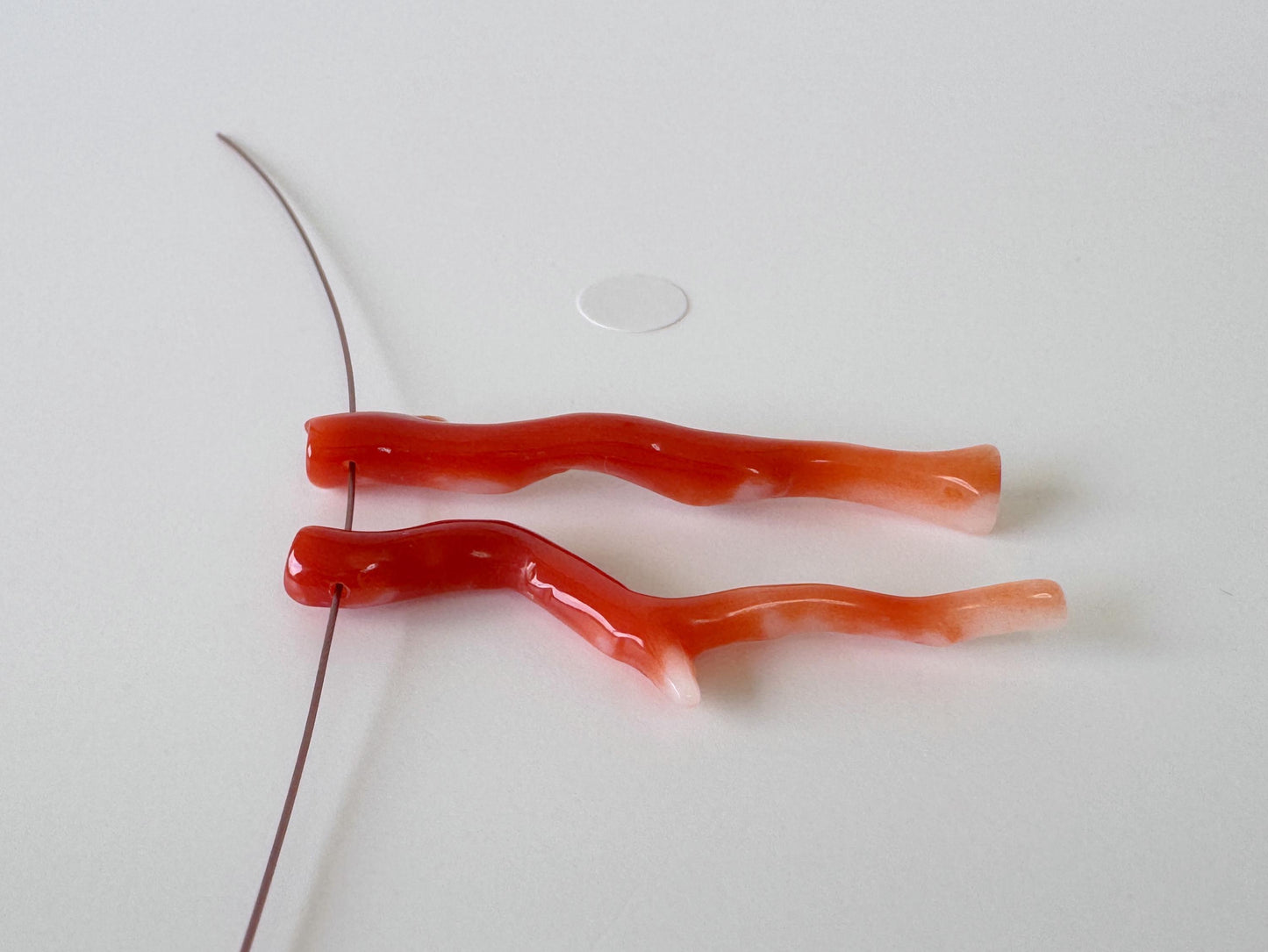 Japanese red(Aka) coral branch set for 2pcs, 40mm, side full hole, natural red color coral for jewelry making