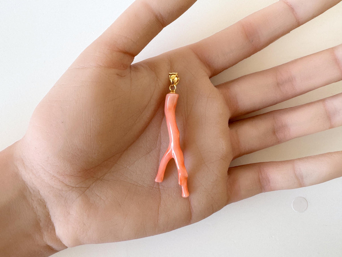 Coral Branch Pendant: Natural Pink Orange Deep Sea Coral, Gold-Plated Silver Bail | 45mm, Unique Jewelry