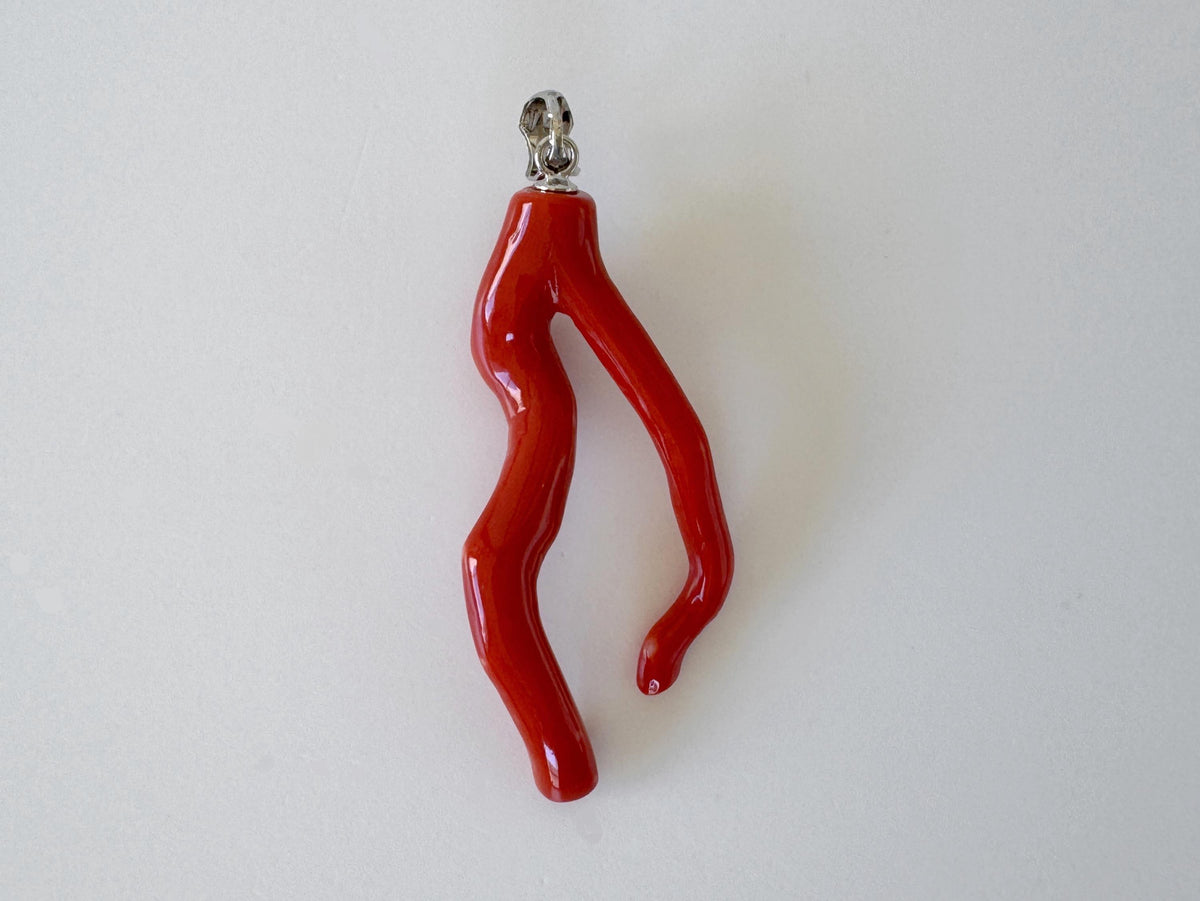 Momo Coral Branch Pendant: Japanese Coral Jewelry, Vermilion Orange (44mm, Rhodium-Plated Silver Bail)