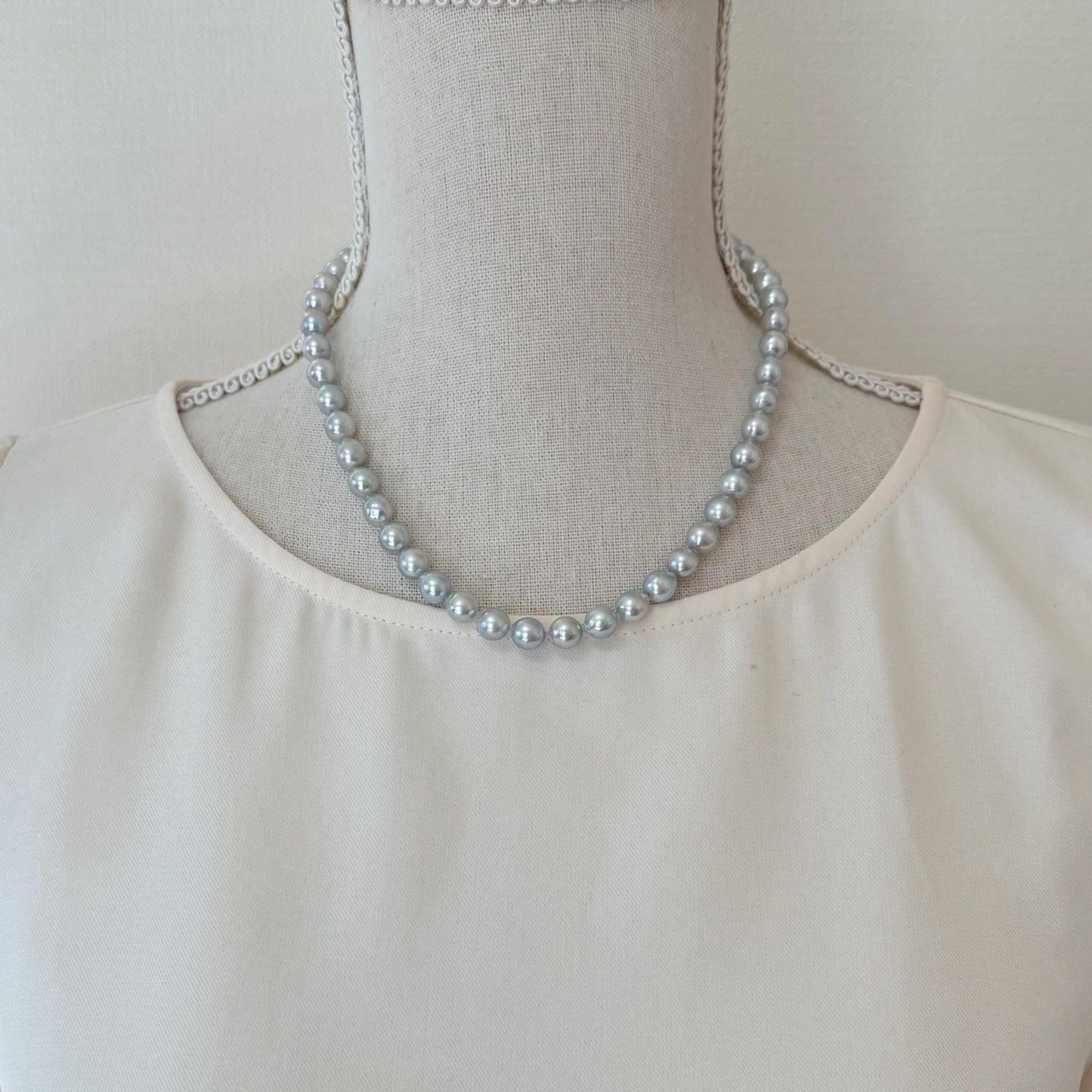Akoya Pearl Necklace - 7.3-8mm Natural Blue Silver Cultured Saltwater Pearls with Silver Clasp