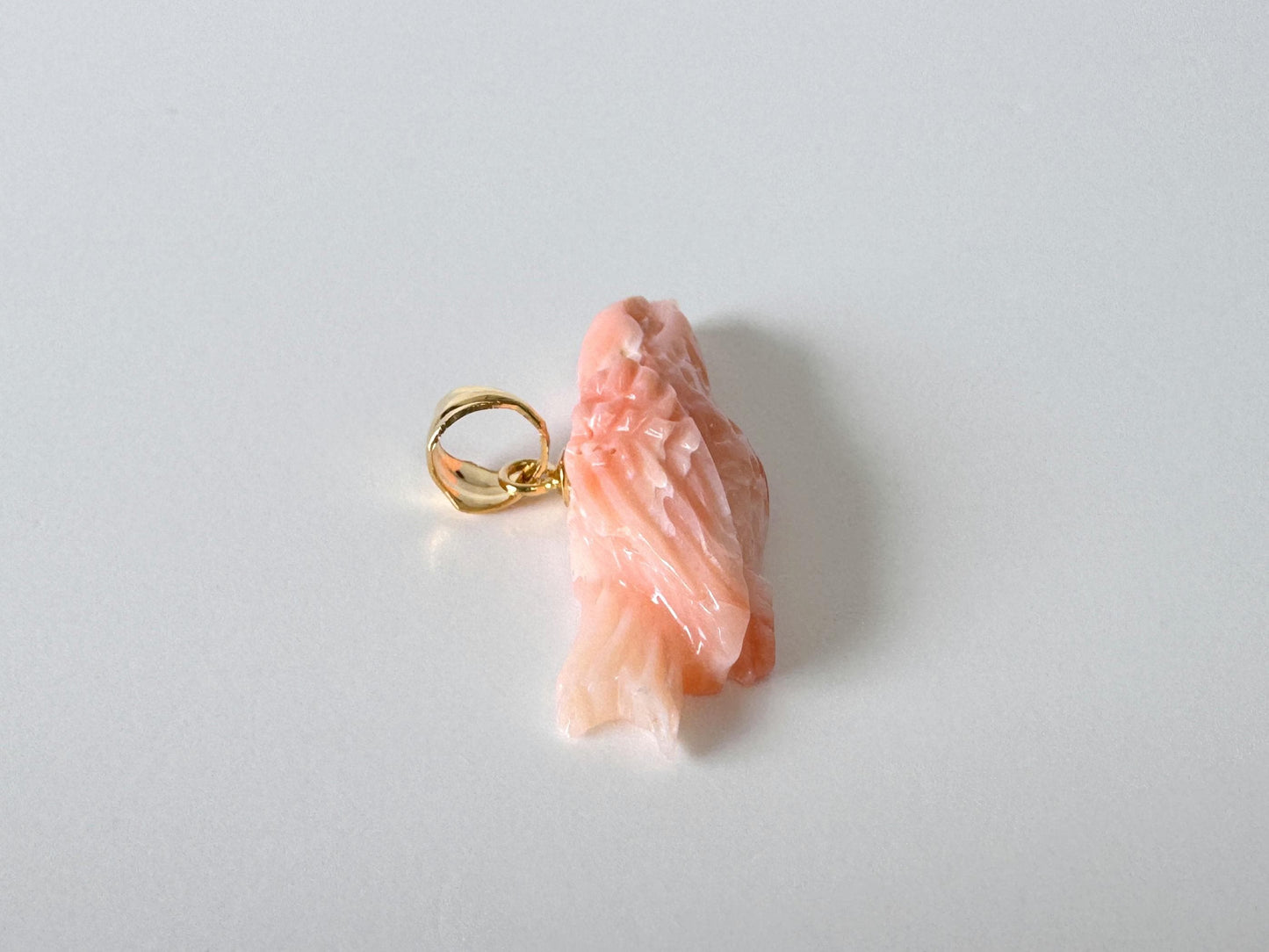Carved Coral Bird Pendant Natural Jewelry, Pink Deep Sea Coral (35x10.4mm, Gold-plated Silver Bail, Hand Carved)
