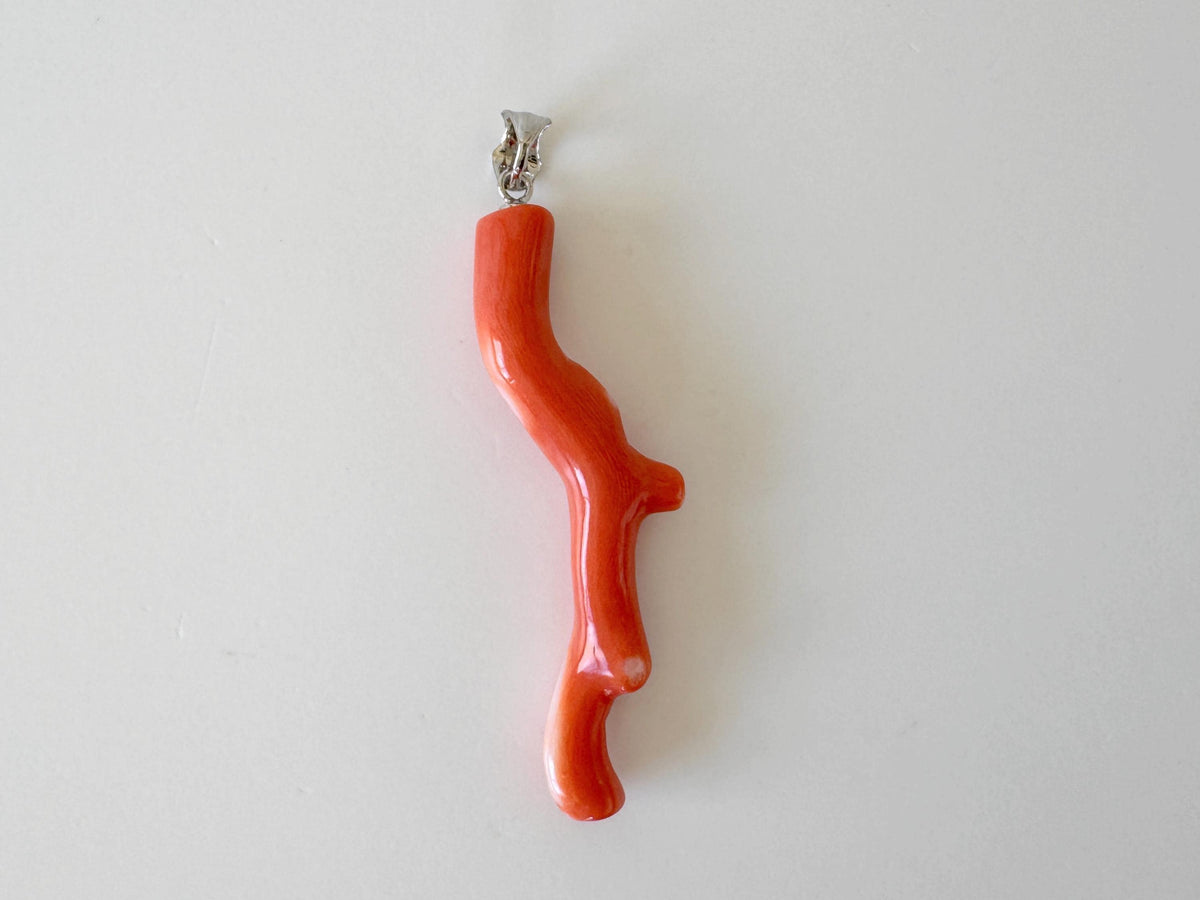 Momo Coral Branch Pendant Natural Jewelry, Japanese Orange Coral (47mm Length, Rhodium-Plated Silver Bail)