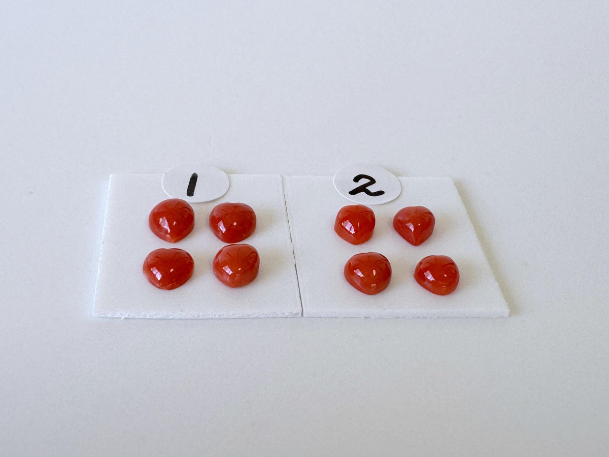 Natural Japanese red(Aka) coral tiny heart shape cabochon with half-drilled hole at back, Natural Color, Price per set of 4 pcs