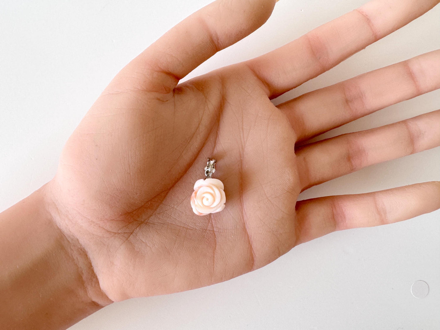 Natural Coral Rose Pendant Carved Jewelry, Deep Sea Coral, Pink White (13.6x12.3mm, Silver Bail, Genuine Coral Amulet)