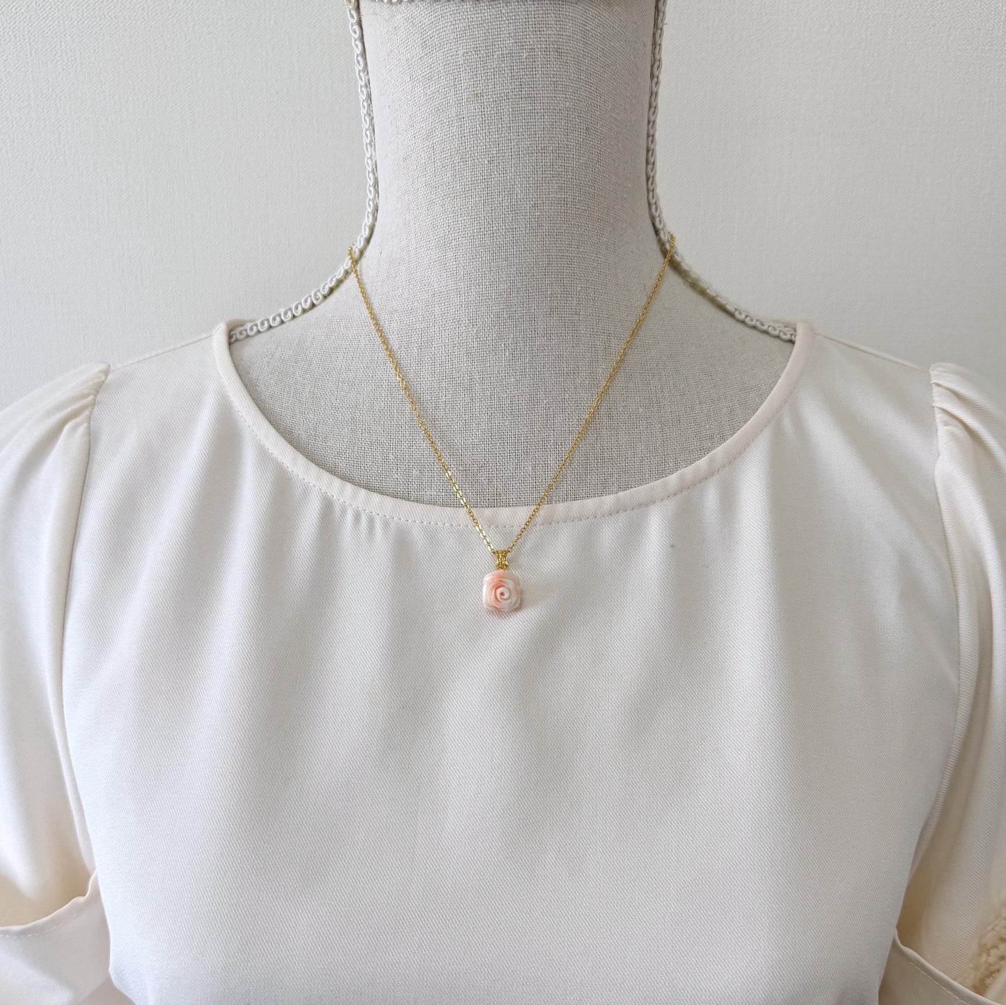 Deep Sea Coral Rose carved Pendant, 13.5x11.4mm, Natural Pink/White Color Coral, Silver (gold plated) bail, Genuine Coral Pendant
