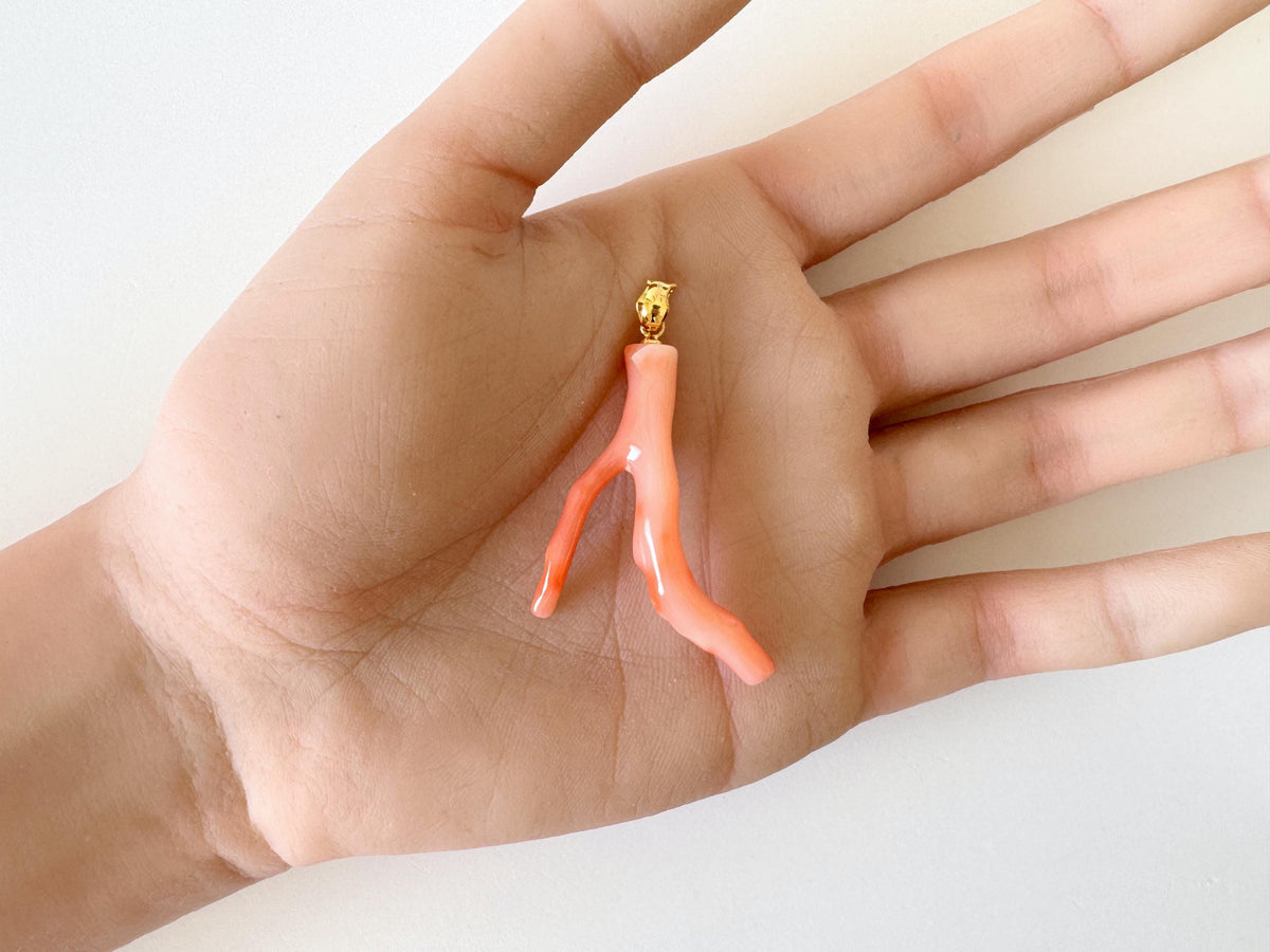 Coral Branch Pendant: Natural Pink Orange Deep Sea Coral, Gold-Plated Silver Bail | 40mm, Unique Jewelry